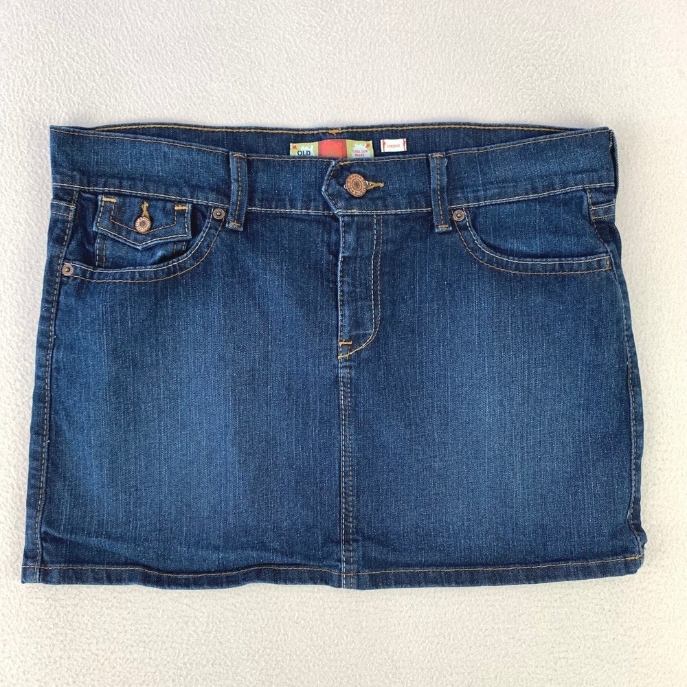 VTG Old Navy Ultra Low Waist Denim Mini Skirt Women 14 Blue Y2K Stretch Western